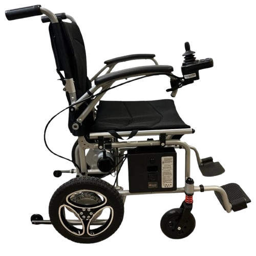 Side View Of The Journey Air Lightweight Electric Wheelchair Showing The Right Side And The Anti Tip Safety Wheels
