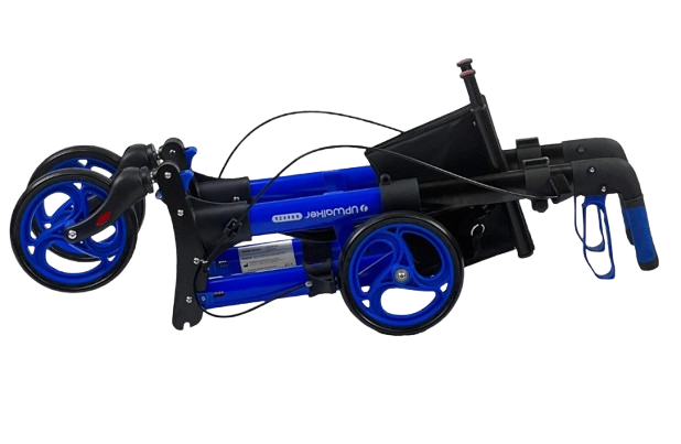 Side View Of The Journey Breeze UPWalker Rollator Shown In Blue Color Folded Position