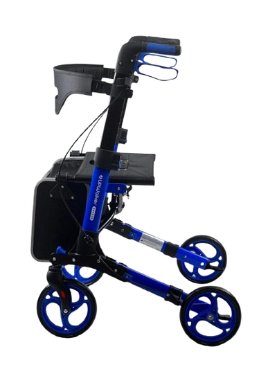 Side View Of The Journey Breeze UPWalker Rollator Shown In Blue Color Left Side Position
