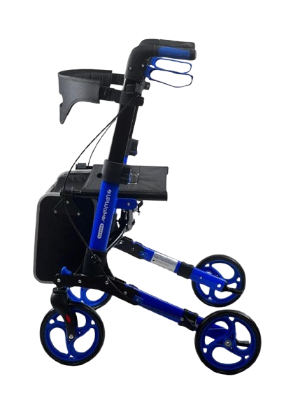 Side View Of The Journey Breeze UPWalker Rollator Shown In Blue Color Left Side Position