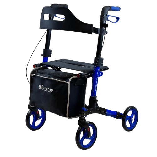 Side View Of The Journey Breeze UPWalker Rollator Shown In Blue Color Left Side