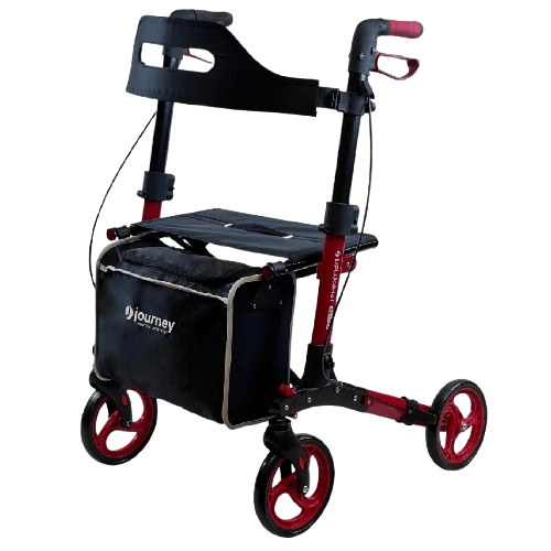 Side View Of The Journey Breeze UPWalker Rollator Shown In Red Color Left Side