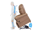 Side View Of The Journey Perfect Lift Chair With Duralux Fabric Shown In Tan Color Diagram Of Ergonomic Benefits Of The Lift Chair