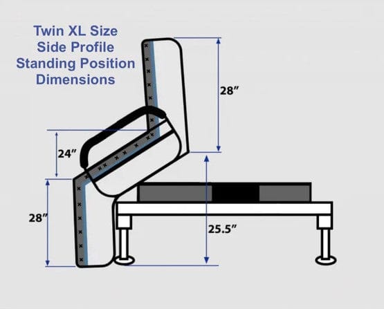 Side View Of The Journey UPbed Sleep-To-Stand Adjustable Bed In The Standing Position Twin XL Dimensions