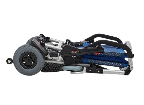 Side View Of The Journey Zinger Electric Wheelchair Shown In Blue Color In The Folded Position