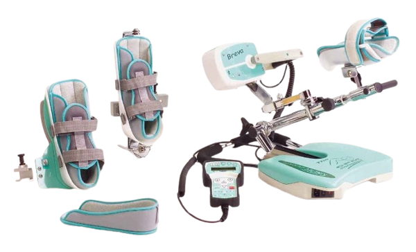 Side View Of The Kinetec Breva Ankle CPM Machine With Remote Control And Foot Holders In Turquoise And White Color