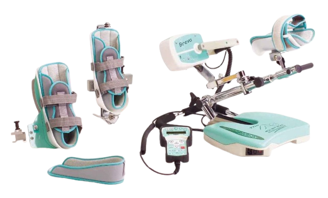 Side View Of The Kinetec Breva Ankle CPM Machine With Remote Control And Foot Holders In Turquoise And White Color