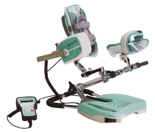 Side View Of The Kinetec Breva Ankle CPM Machine With Remote Control In Turquoise And White Color
