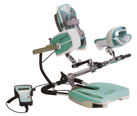 Side View Of The Kinetec Breva Ankle CPM Machine With Remote Control In Turquoise And White Color
