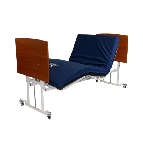 Side View Of The Med Mizer AllCare AC-C Ultra Low Adjustable Bed Shown With Cherry Boards In The Elevated Position