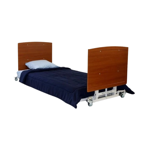 Side View Of The Med Mizer AllCare AC-C Ultra Low Adjustable Bed Shown With Cherry Boards In The Flat Position With Comforter And Pillow