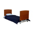 Side View Of The Med Mizer AllCare AC-C Ultra Low Adjustable Bed Shown With Cherry Boards In The Flat Position With Comforter And Pillow