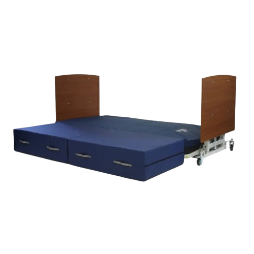 Side View Of The Med Mizer AllCare AC-C Ultra Low Adjustable Bed Shown With Mahogany Boards And Safety Mat