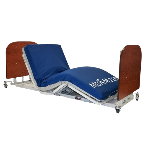 Side View Of The Med Mizer AllCare AC-N Ultra Low Adjustable Bed In The Chair Position Shown With Mahogany Boards