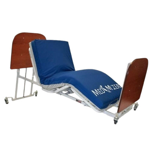 Side View Of The Med Mizer AllCare AC-N Ultra Low Adjustable Bed In The Elevated Chair Position Shown With Mahogany Boards