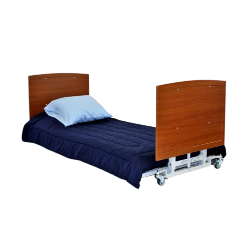 Side View Of The Med Mizer AllCare AC-N Ultra Low Adjustable Bed In The Flat Position Shown With Cherry Boards And Comforter 