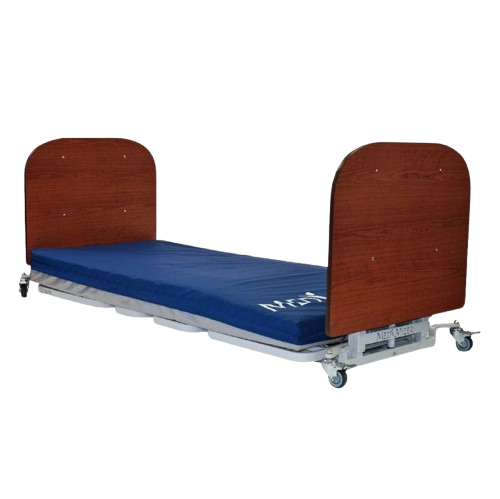 Side View Of The Med Mizer AllCare AC-N Ultra Low Adjustable Bed In The Flat Position Shown With Mahogany Boards