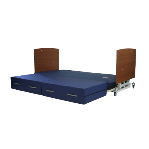 Side View Of The Med Mizer AllCare AC-N Ultra Low Adjustable Bed In The Flat Position Shown With Mahogany Boards And Safety Mat