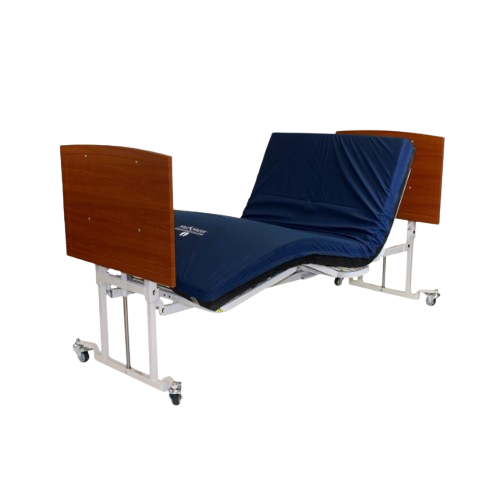 Side View Of The Med Mizer AllCare AC-N Ultra Low Adjustable Bed In The Height Elevated Chair Position Shown With Cherry Boards