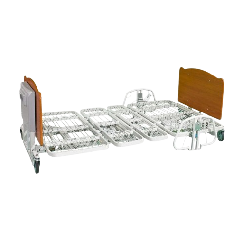 Side View Of The Med Mizer EX8000 Bariatric Adjustable Bed Shown With Cherry Board Finish And 1/4 Length Side Rails In The Flat Position