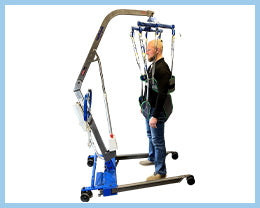 Side View Of The Med Mizer MedRiser Patient Lift Shown With Man Using Gait Training Feature