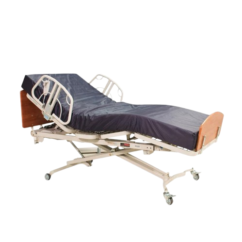 Side View Of The Med Mizer RetractaBed Adjustable Bed Shown With 2 Position 1/4 Length Side Rail Set, Mattress, And Cherry Boards