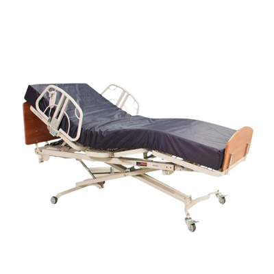 Side View Of The Med Mizer RetractaBed Adjustable Bed Shown With 2 Position 1/4 Length Side Rail Set, Mattress, And Cherry Boards