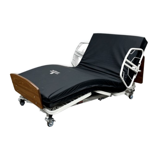 Side View Of The Med Mizer RetractaBed Adjustable Bed Shown With 2 Position 1/4 Length Side Rail Set, Mattress, And Mahogany Boards