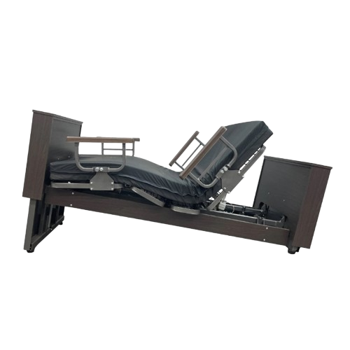 Side View Of The Med Mizer Select Care Adjustable Bed Shown With Side Rails Mattress In The Trendelenburg Position