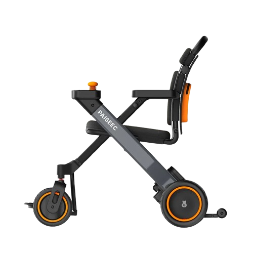 Side View Of The Paiseec W1 Lightweight 2‑in‑1 Electric Wheelchair Shown In The Unfolded Position With Orange Color