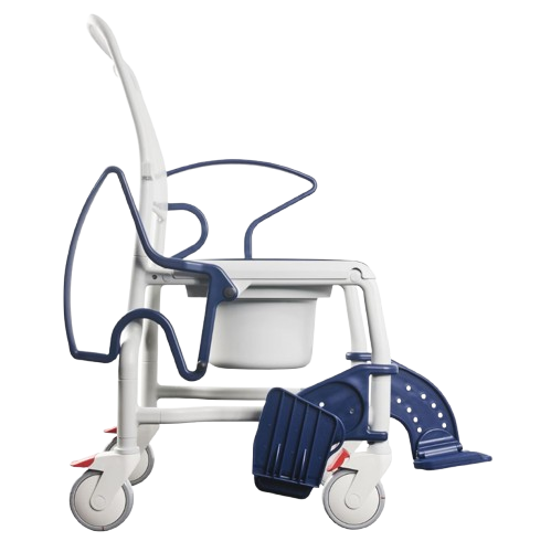 Side View Of The Rebotec Bonn Shower Commode Chair Shown With One Leg Rest And One Armrest In The Adjusted Position