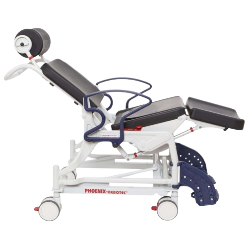 Side View Of The Rebotec Phoenix 200 Reclining Shower Commode Chair Shown In The Reclined Position