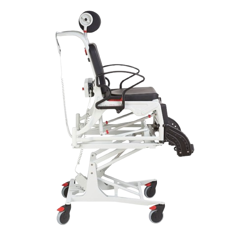 Side View Of The Rebotec Phoenix Height Adjustable Shower Commode Chair Electrical Model In The Raised Upright Position 