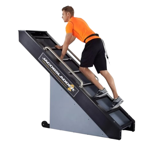 Side View Of The StairMaster Jacob's Ladder 2 Stair Climber Shown With Male Operating The Climber