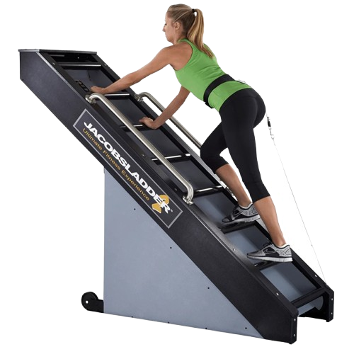 Side View Of The StairMaster Jacob's Ladder 2 Stair Climber Shown With Woman Operating The Climber