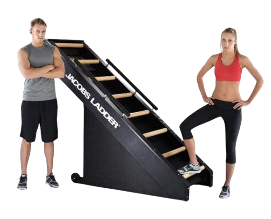 Side View Of The StairMaster Jacob's Ladder Stair Climber Shown With A Woman And A Man Standing Beside The Climber