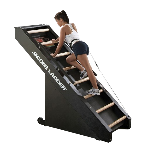 Side View Of The StairMaster Jacob's Ladder Stair Climber Shown With An In Shape Woman In Shorts And White Shirt Operating The Climber
