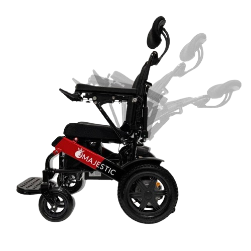 Side View Of The ComfyGo IQ 9000 Electric Wheelchair Shown In Standard Colored Cushions And Black And Red Frame With Auto Reclining Feature Demonstrated