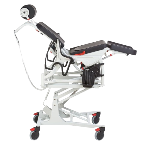 Side View Of The Rebotec Phoenix Height Adjustable Shower Commode Chair Electrical Model In The Raised Reclined Position