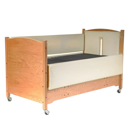Sleep Safe 2 Medium Bed Full Size Side View Wooden Finish Cream Padding Headboard Medical Tubing Center Cut Out