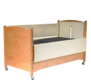 Sleep Safe 2 Medium Bed Full Size Side View Wooden Finish Cream Padding Headboard Medical Tubing Center Cut Out
