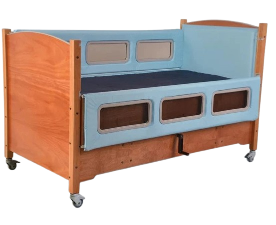 Sleep Safe 2 Medium Bed Full Size Side View Wooden Finish Light Blue Padding Manual Articulation