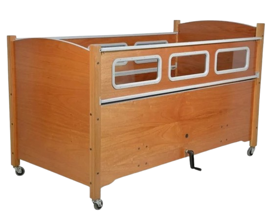 Sleep Safe 2 Medium Bed Full Size Side View Wooden Finish No Padding Manual Articulation 