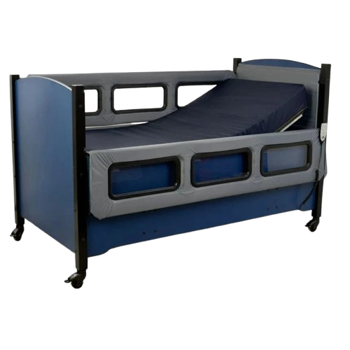 Sleep Safe 2 Medium Bed Side View Blue Finish Taupe Padding Electric Articulation