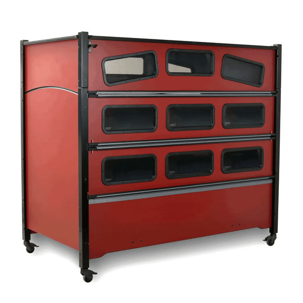 Sleep Safe Extension Bed Side View Red Finish Taupe Padding Gif