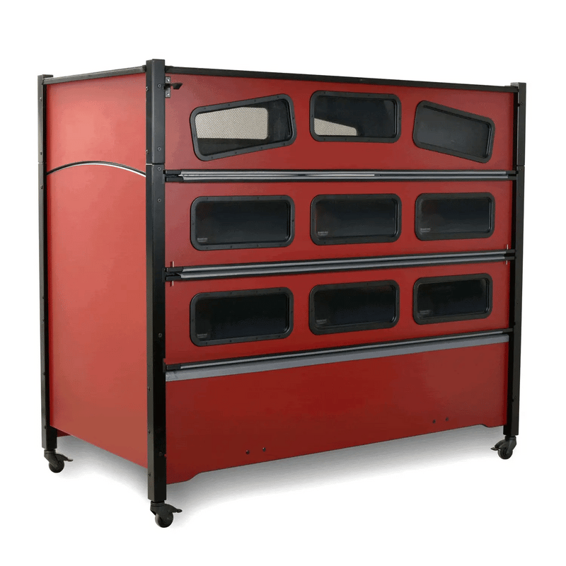 Sleep Safe Extension Bed Side View Red Finish Taupe Padding Gif