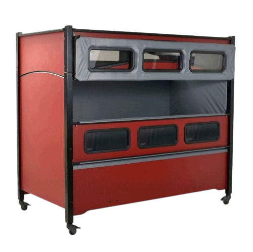 Sleep Safe Extension Bed Side View Red Finish Half Opened Door With Taupe Padding
