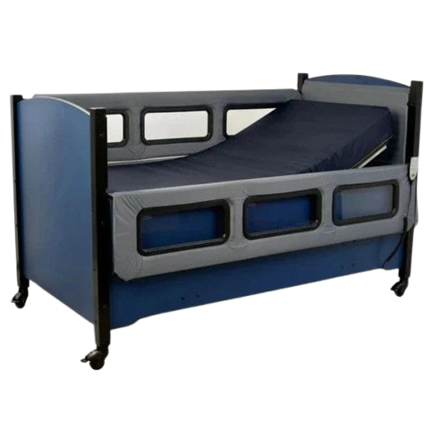 Sleep Safe Low Bed Full Size Side View Blue Finish Taupe Padding Electric Articulation