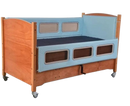 Sleep Safe Low Bed Full Size Side View Wooden Finish Light Blue Padding Manual Articulation