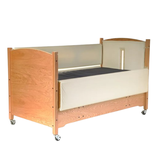 Sleep Safe Low Bed Side View Wood With Cream Padding And Center Medical Tubing Cut Out At Headboard